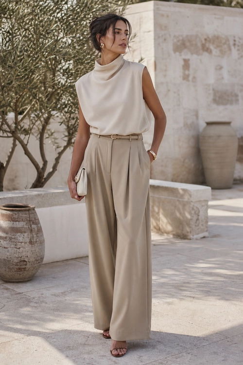 Minimalist Beige Wide-Leg Outfit A woman wears an ivory sleeveless draped-neck top with beige belted wide-leg trousers, flat sandals, and a small white clutch.