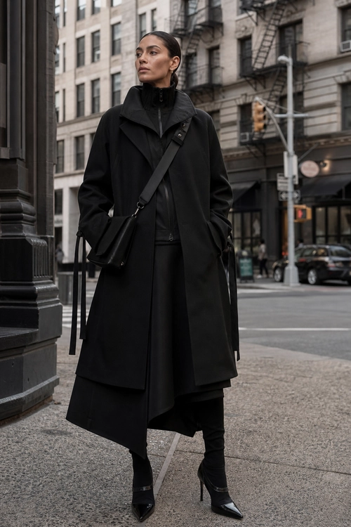 A person wears a long black coat with a crossbody bag, slim black trousers, and pointed ankle boots on a city sidewalk.