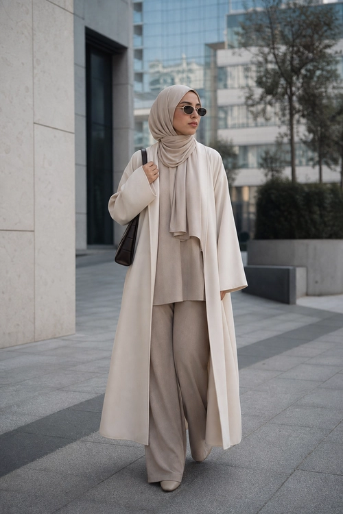 Minimalist Neutral Modest Outfit A woman wears a neutral beige hijab, flowing long coat, loose tunic, wide-leg trousers, sunglasses, and a dark shoulder bag.