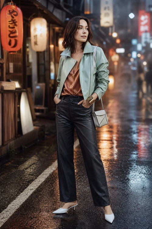 A woman wears a mint jacket over a copper satin top with black leather pants, white pointed heels, a small white bag, and a gold cuff bracelet.