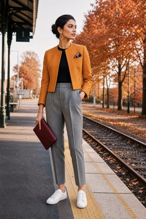 A tailored outfit featuring a mustard blazer, black top, gray plaid trousers, white sneakers, geometric earrings, and a burgundy clutch at a train platform.