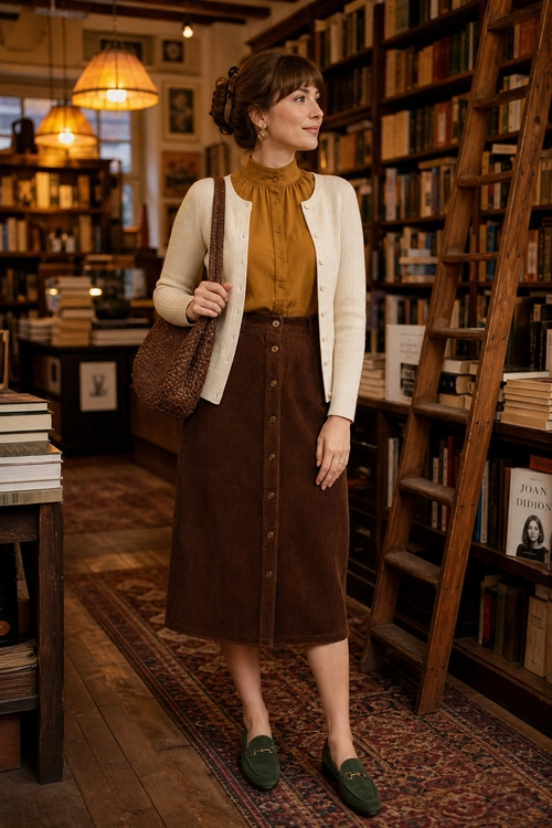 Mustard Blouse and Brown Midi Skirt Outfit A woman wears a mustard high-neck blouse, cream cardigan, brown button-front midi skirt, green loafers, and a woven brown shoulder bag.