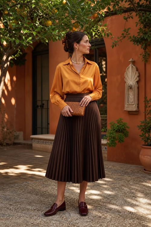 Mustard Blouse and Pleated Brown Skirt Outfit A woman wears a mustard button-front blouse with a dark brown pleated midi skirt, woven clutch, and burgundy loafers.