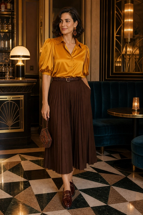 A woman wears a mustard satin blouse with puff sleeves, a brown pleated skirt, brown loafers, drop earrings, and a small beaded handbag.