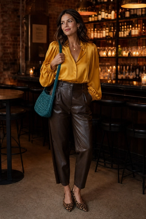 A woman wears a mustard satin blouse with brown leather trousers, leopard-print pointed shoes, and a teal woven shoulder bag.
