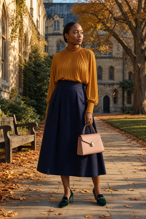Mustard Blouse and Navy Midi Skirt Outfit A mustard pleated high-neck blouse styled with a navy midi skirt, green loafers, and a blush pink handbag.