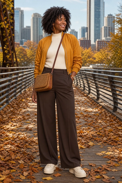 A woman wears a mustard bomber jacket, cream ribbed top, brown wide-leg trousers, white platform sneakers, and a brown crossbody bag on a leaf-covered bridge.