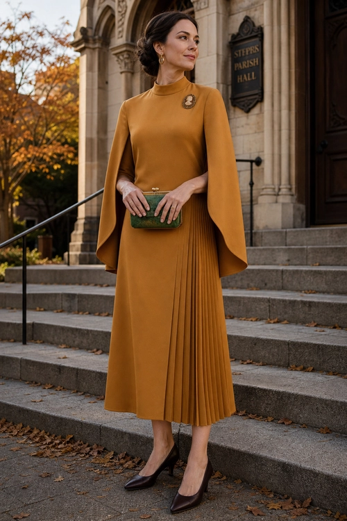 Mustard Cape-Sleeve Midi Dress A woman wears a mustard cape-sleeve midi dress with a pleated skirt, brooch, green clutch, and dark pointed pumps.