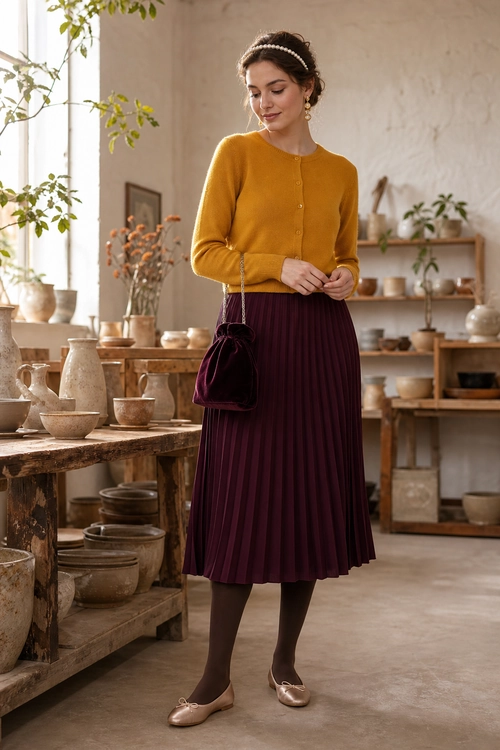 Mustard Cardigan and Burgundy Pleated Skirt A woman wearing a mustard button-front cardigan, burgundy pleated midi skirt, dark tights, ballet flats, and a small shoulder bag.