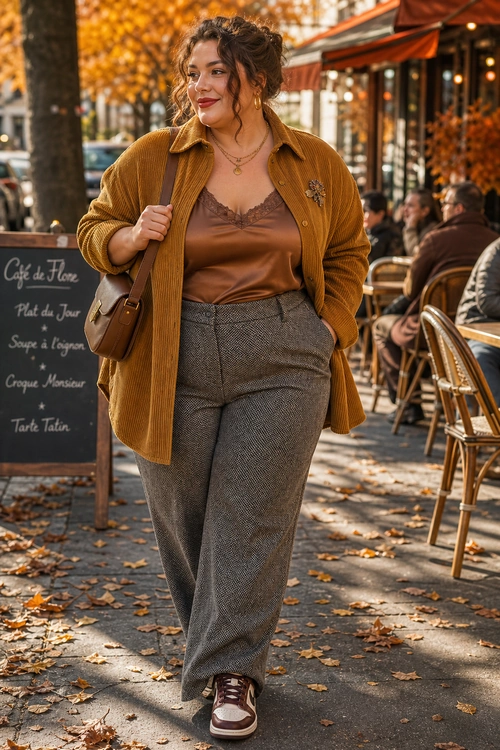 A woman wears a mustard cardigan over a brown camisole with gray herringbone trousers and brown sneakers while walking beside a café.