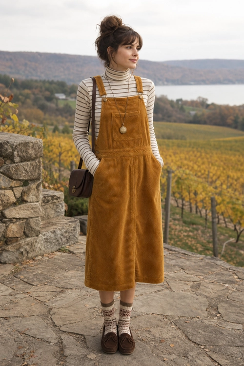 Mustard Corduroy Pinafore Outfit A mustard corduroy pinafore dress is layered over a cream striped turtleneck with patterned socks, brown loafers, and a small crossbody bag.