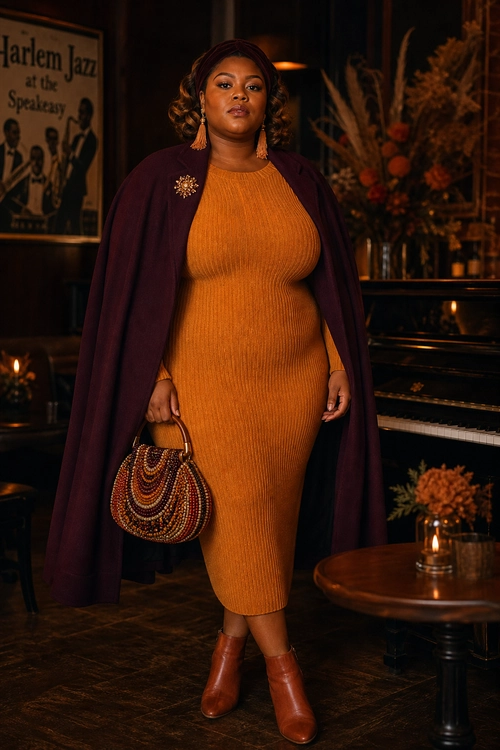 A woman wears a mustard ribbed midi dress with a plum cape, brown ankle boots, tassel earrings, and an embellished handbag.