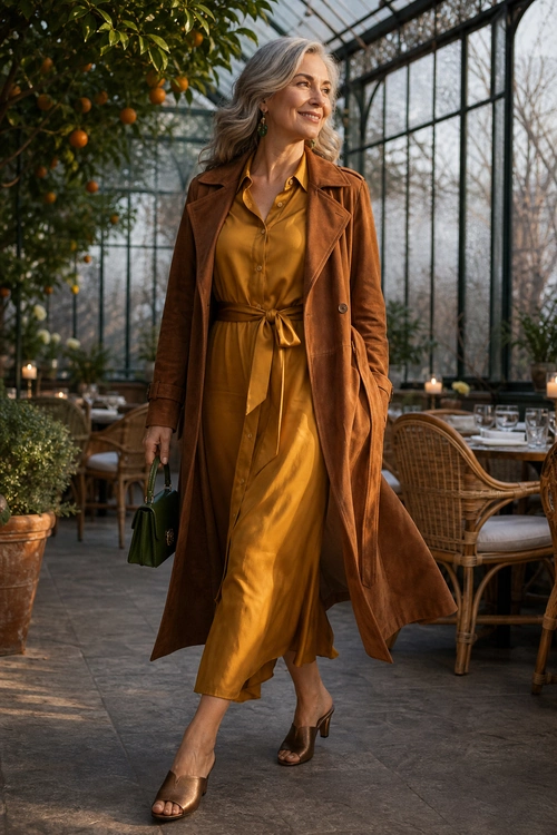 A woman wears a mustard belted midi dress with a long camel suede coat, brown heeled sandals, green earrings, and a dark green handbag.