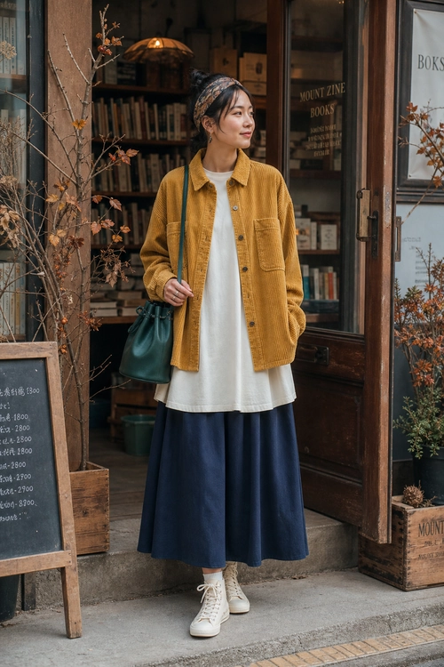 Mustard Jacket and Navy Skirt Outfit A person wears a mustard textured jacket over a white top with a navy midi skirt, white lace-up sneakers, a teal shoulder bag, and a patterned headband.
