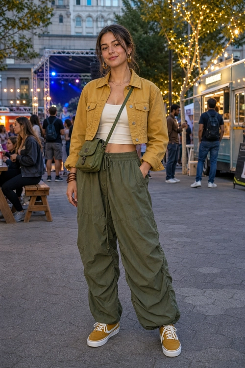 A woman wears a mustard cropped utility jacket over a cream crop top with loose olive trousers, a crossbody bag, and mustard sneakers.
