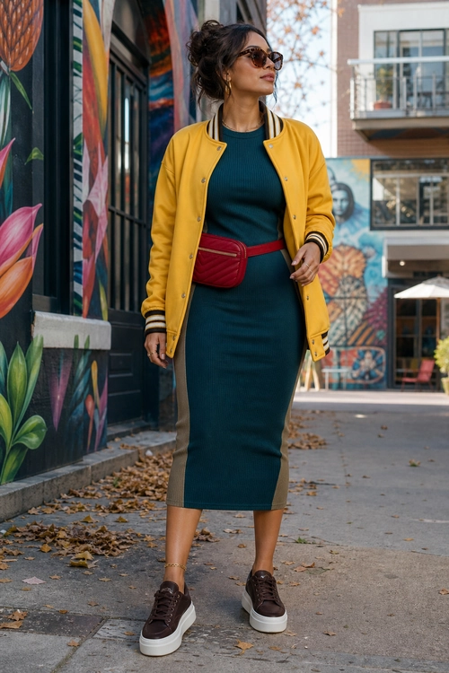 Mustard Jacket and Teal Midi Dress Outfit A woman wears a mustard yellow jacket over a teal ribbed midi dress with a red waist bag, dark platform sneakers, and sunglasses.