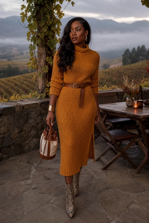 Mustard Knit Sweater Dress Outfit A woman wears a mustard ribbed knit midi sweater dress with a brown belt, snake-print ankle boots, and a cream and brown handbag.