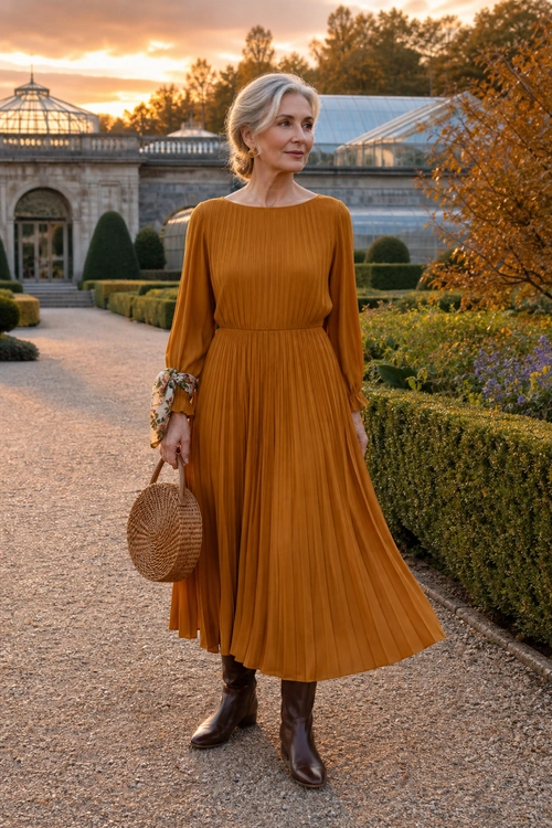Mustard Pleated Dress Outfit A woman wears a mustard pleated long-sleeve dress with brown boots and a round woven handbag in a formal garden.