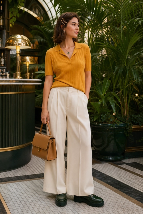 A woman wears a mustard ribbed polo shirt with cream wide-leg trousers, dark loafers, and a structured brown handbag.