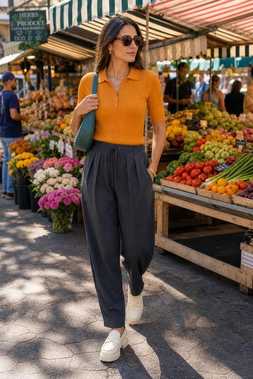 A woman wears a mustard ribbed polo shirt with charcoal wide-leg trousers, white platform shoes, sunglasses, and a teal shoulder bag at an outdoor market.
