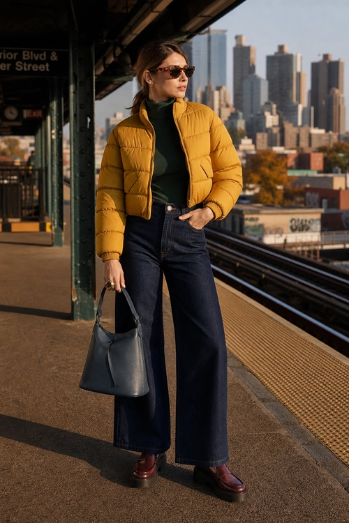 A woman wears a mustard quilted puffer jacket over a dark turtleneck with wide-leg jeans, burgundy platform shoes, sunglasses, and a black handbag.