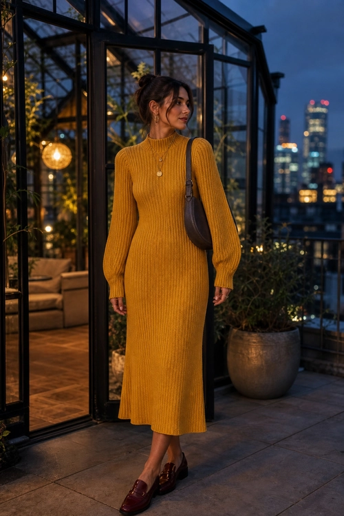 Mustard Ribbed Sweater Dress Outfit A mustard ribbed midi sweater dress styled with a brown shoulder bag, burgundy loafers, and delicate gold jewelry.