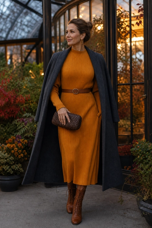 A mustard ribbed midi sweater dress is styled with a brown belt, draped charcoal coat, tall brown boots, and a woven clutch.