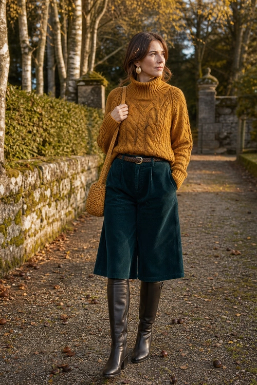 Mustard Sweater with Teal Culottes A woman wears a mustard cable-knit turtleneck sweater with dark teal culottes, knee-high boots, and a woven shoulder bag.