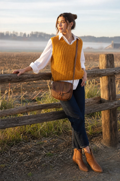 Mustard Sweater Vest Outfit A mustard knitted sweater vest layered over a white collared shirt with dark blue jeans, a brown crossbody bag, and brown ankle boots.