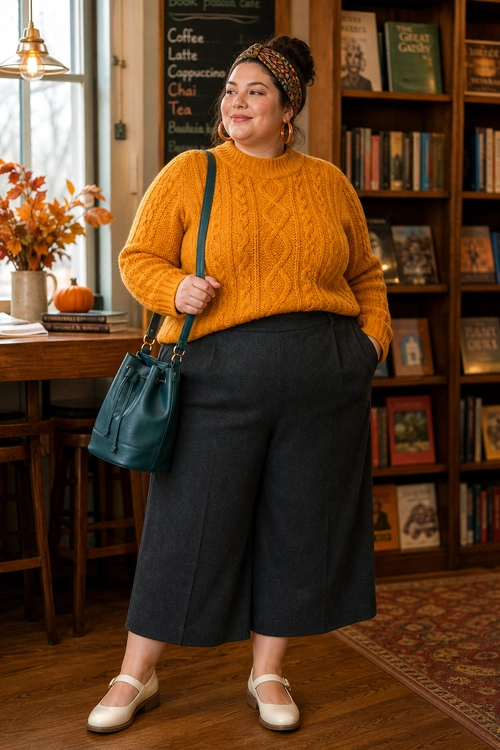 Mustard Sweater and Wide-Leg Culottes A woman wears a mustard cable-knit sweater with charcoal wide-leg culottes, cream flats, and a teal shoulder bag.