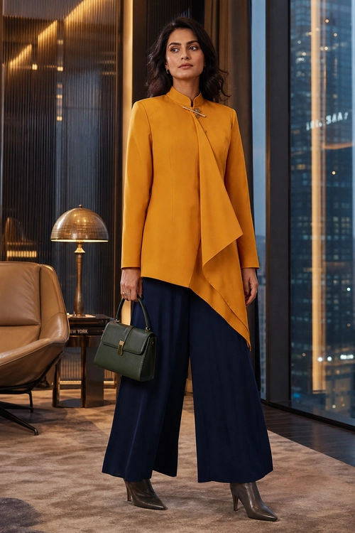 Mustard Tunic with Navy Wide-Leg Trousers Woman wearing a mustard asymmetrical tunic over navy wide-leg trousers with brown heeled ankle boots and a dark green handbag.