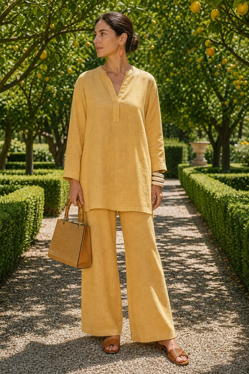 Mustard Yellow Tunic and Wide-Leg Pants A woman wears a mustard yellow tunic with matching wide-leg pants, brown sandals, stacked bracelets, and a woven tan tote in a formal garden.