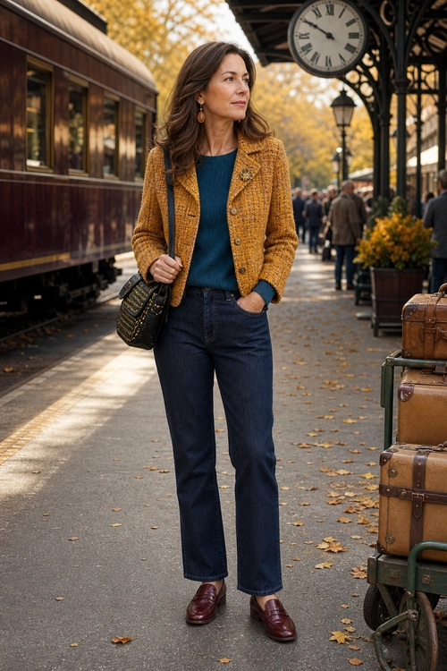Mustard Tweed Jacket Outfit A woman wears a mustard tweed jacket over a teal sweater with dark blue jeans, burgundy loafers, and a black shoulder bag.