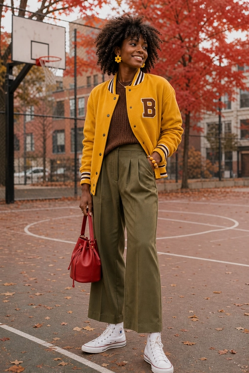 A woman wears a mustard varsity jacket over a brown knit top with olive wide-leg trousers, white high-top sneakers, and a red handbag.