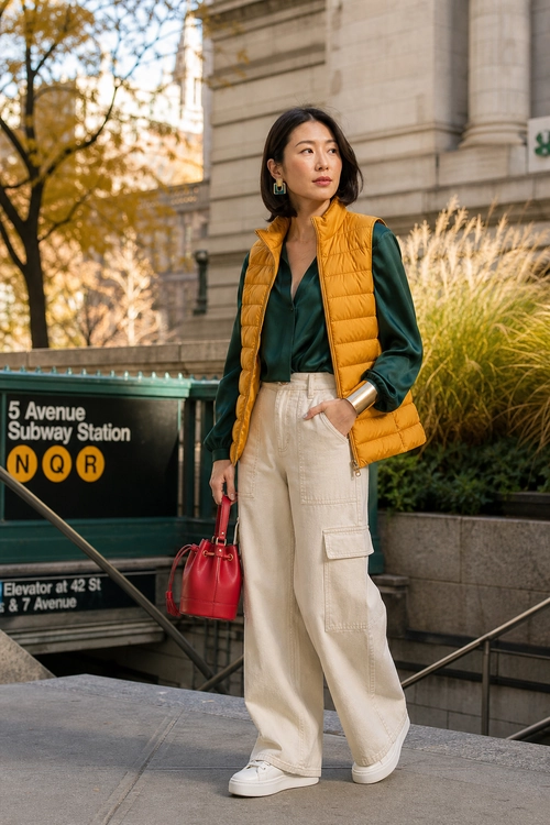 A woman wears a mustard quilted vest over a dark green blouse with cream cargo pants, white sneakers, and a red handbag.
