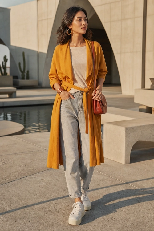 Mustard Wrap Cardigan with Light Jeans Woman wearing a mustard wrap cardigan over a beige top with light-wash jeans, white platform sneakers, hoop earrings, and a rust-colored shoulder bag.
