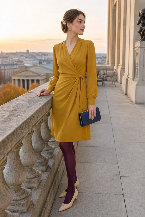 Mustard Wrap Dress Outfit A woman wears a mustard wrap dress with burgundy tights, beige pointed heels, and a navy clutch.
