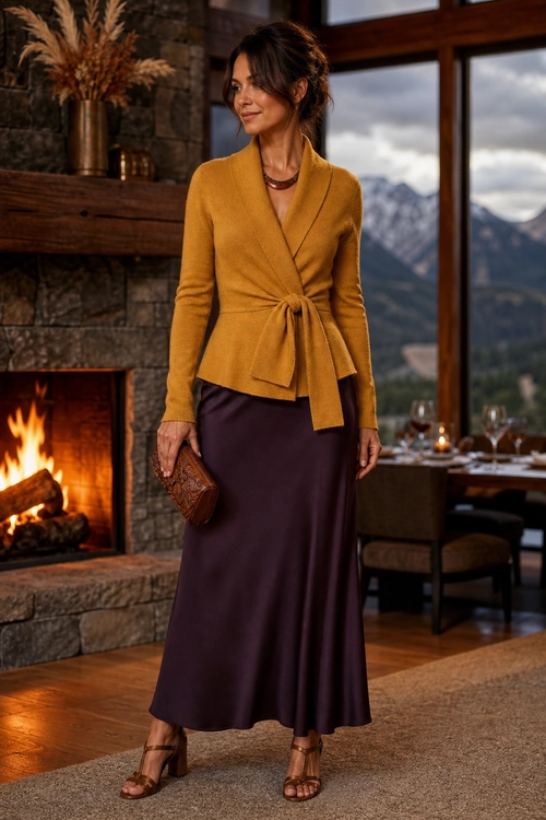 Mustard Wrap Top with Plum Midi Skirt Woman wearing a mustard wrap top with a tied waist, plum midi skirt, brown clutch, necklace, and heeled sandals.