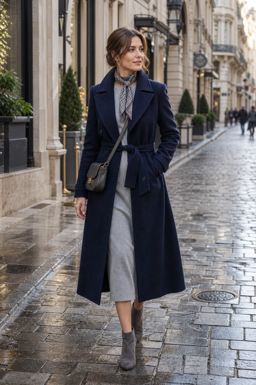 Navy Belted Coat and Gray Midi Dress Woman wearing a navy belted coat over a gray midi dress with a patterned scarf, gray ankle boots, and a crossbody bag.