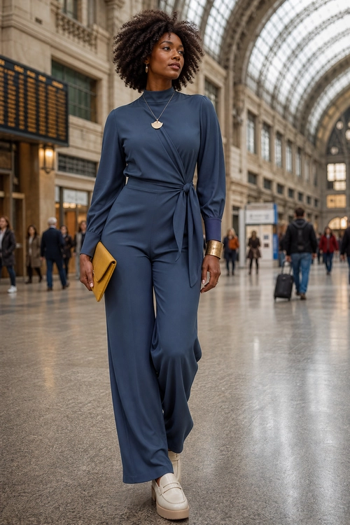 Navy Belted Jumpsuit Look A woman wears a navy long-sleeve belted jumpsuit with a yellow clutch, gold jewelry, and cream platform loafers.