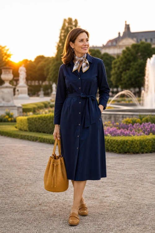 A woman wears a navy belted shirt dress with a patterned neck scarf, tan loafers, and a matching tan handbag.