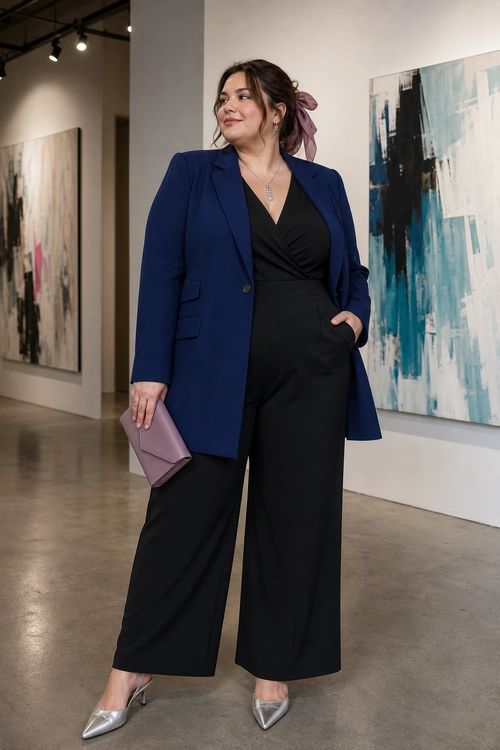 Navy Blazer and Black Wide-Leg Jumpsuit A person wears a navy blazer over a black wide-leg jumpsuit with silver pointed-toe heels and a mauve clutch.