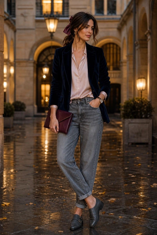 Navy Blazer and Cuffed Jeans Outfit Woman wearing a navy blazer, blush pink blouse, cuffed gray jeans, black loafers, and carrying a burgundy clutch.