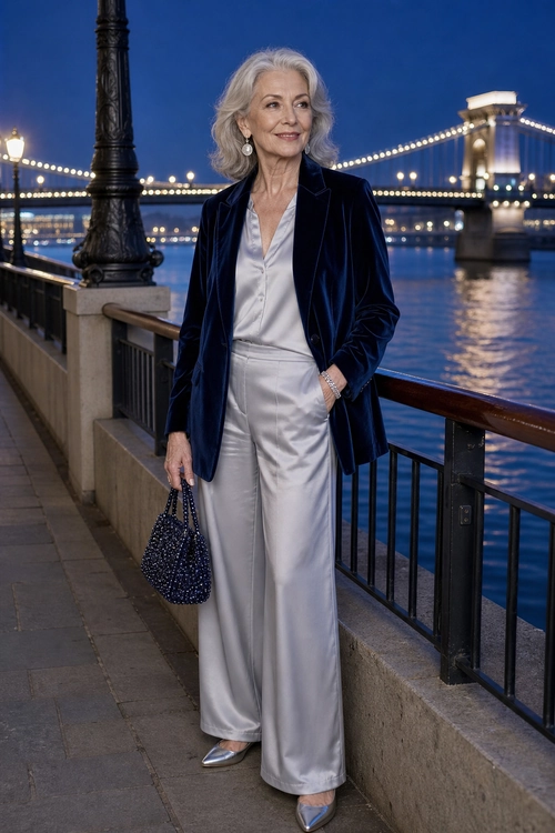 Navy Blazer and Silver Satin Trousers A woman wears a navy velvet blazer over a silver satin blouse and wide-leg trousers with metallic pointed-toe heels.