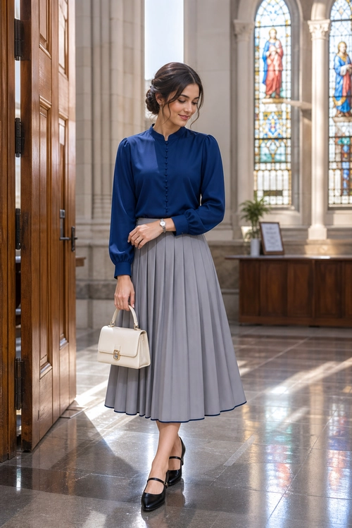 Navy Blouse and Pleated Gray Skirt Outfit Woman wearing a navy long-sleeve blouse, gray pleated midi skirt, black Mary Jane shoes, and carrying a cream handbag.