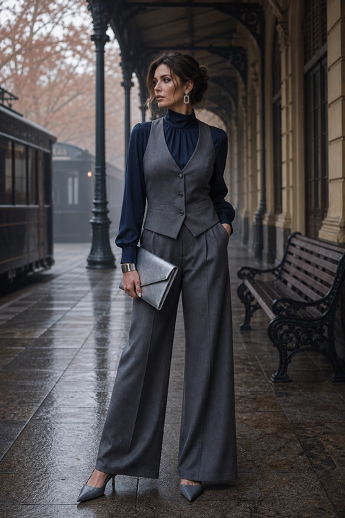 Navy Blouse and Gray Tailored Suit A woman wears a navy high-neck blouse with a gray tailored vest, wide-leg trousers, pointed shoes, and a silver clutch.