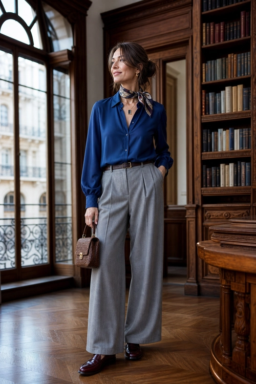 Navy Blouse and Gray Wide-Leg Trousers A woman wears a navy blouse with a neck scarf, gray wide-leg trousers, burgundy loafers, and a brown handbag.