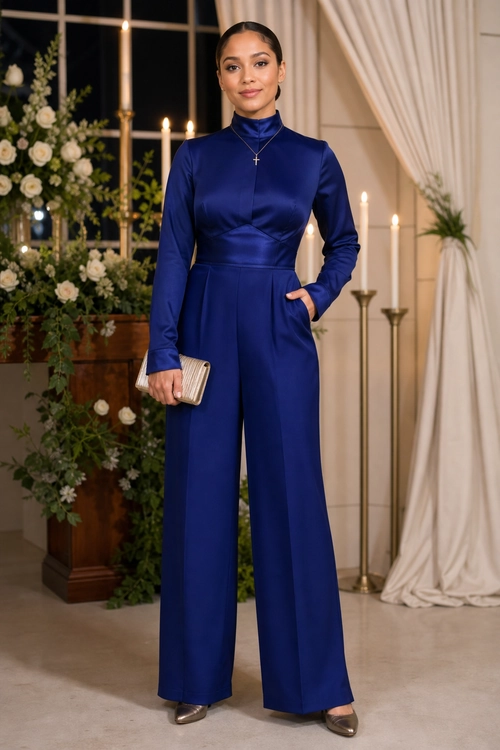 Navy Blue Wide-Leg Jumpsuit Woman wearing a navy blue long-sleeve wide-leg jumpsuit with a metallic clutch and pointed heels.