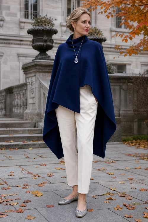 A woman wears a navy cape with cream trousers, silver flats, and a pendant necklace outdoors.