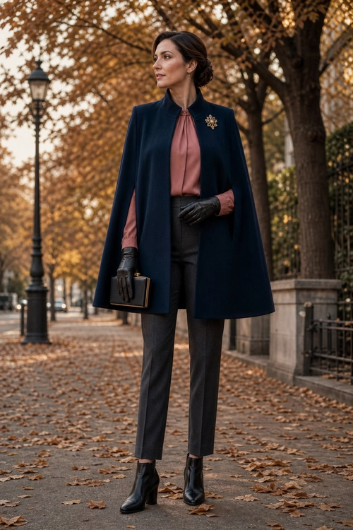 A woman wears a navy cape over a rose tie-neck blouse with gray tailored trousers, black gloves, ankle boots, and a clutch on a tree-lined autumn sidewalk.
